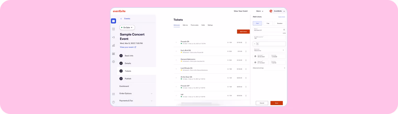 Visual interface of Eventbrite's event registration platform